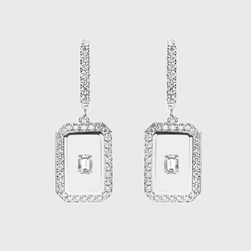 White gold earrings with white diamonds in translucent enamel